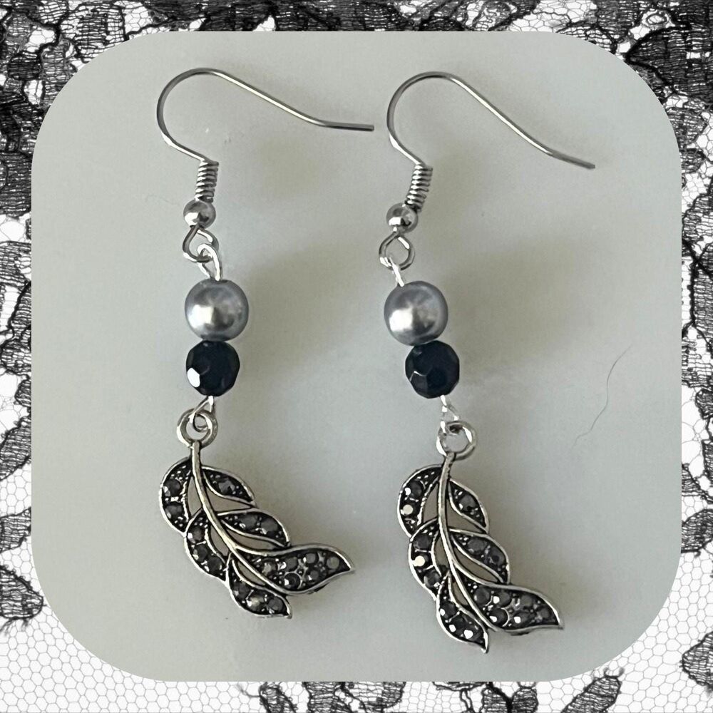 Handmade Lightweight Silver Leaf Earrings with Rhinestones &‎ Beads